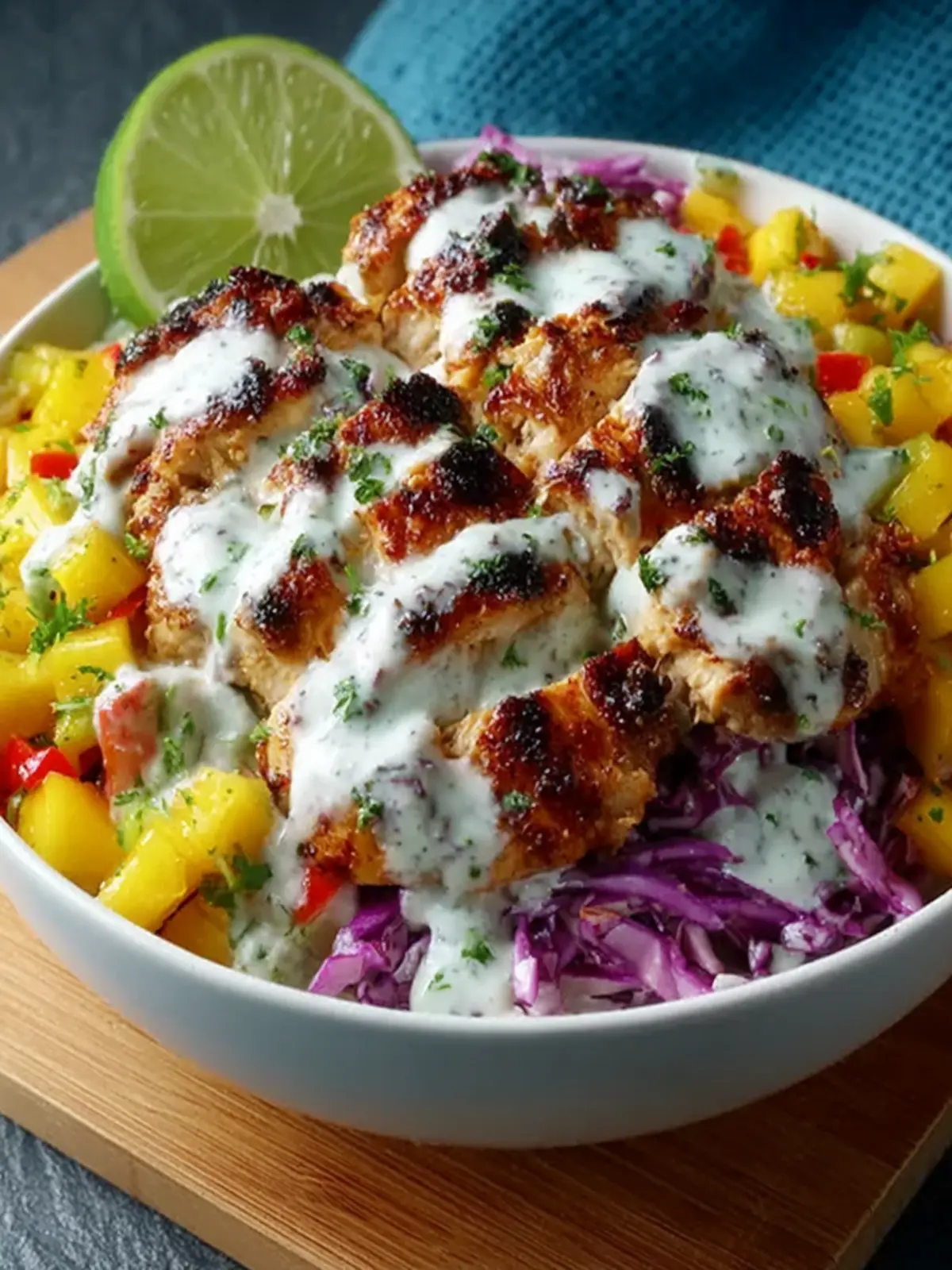 Jerk Chicken Mango Slaw Bowls with Honey Lime Cream First Image